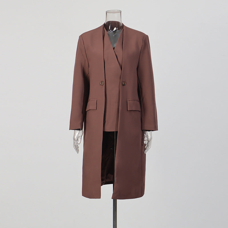 Image of Women's brown v-neck double-breasted trench coat