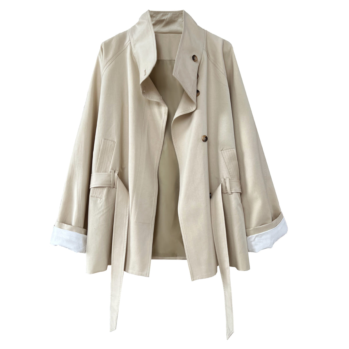 Women's lace-up stand collar short trench coat