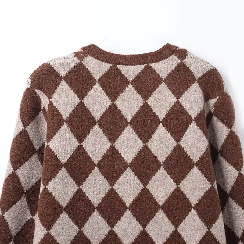 Image of Brown diamond jacquard button-front knit cardigan