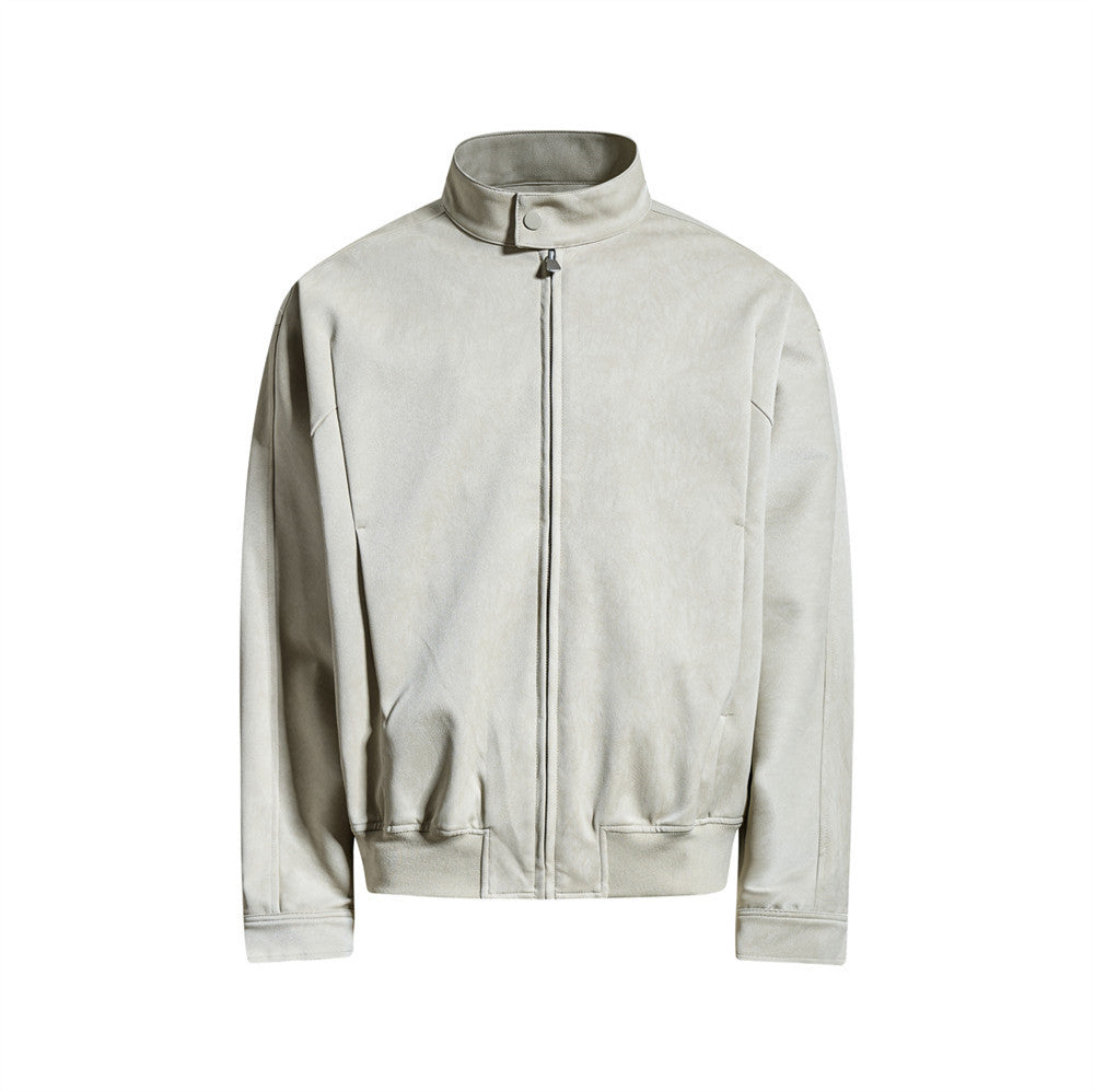 Image of Loose fit stand collar faux leather zip-up jacket