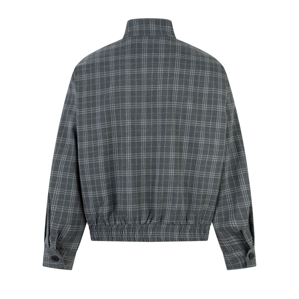 Image of Chaqueta gris de cuadros con cuello alto y cremallera para hombre