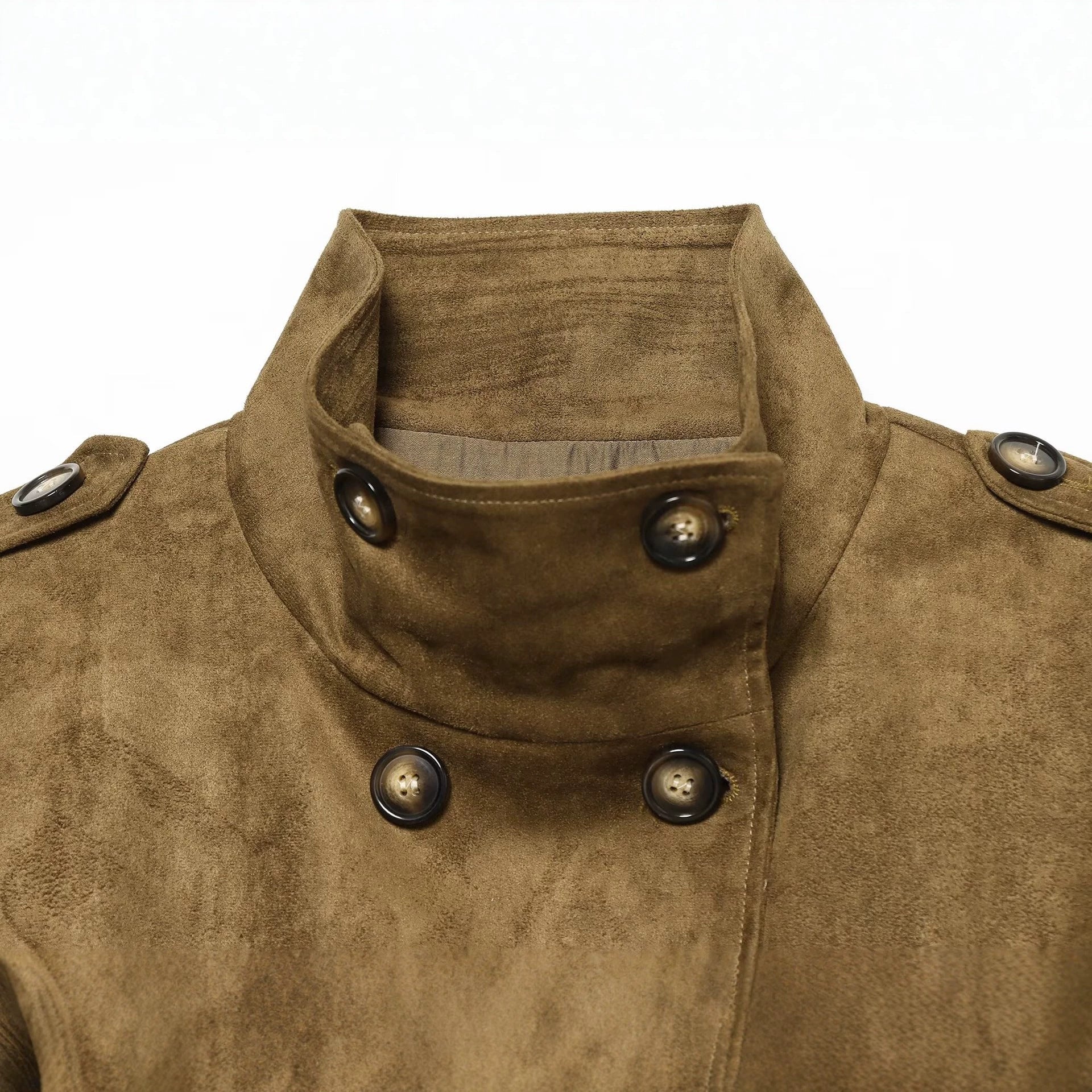 Image of Women's camel pleated stand collar trench coat