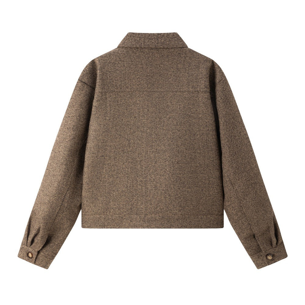 Brown cropped cotton blend button-front jacket