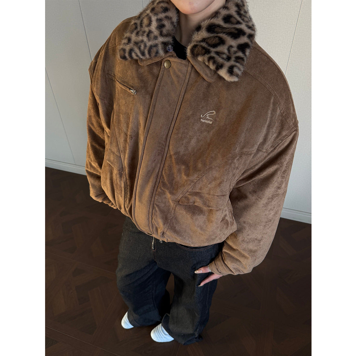 Men's leopard print polyester zip-up jacket
