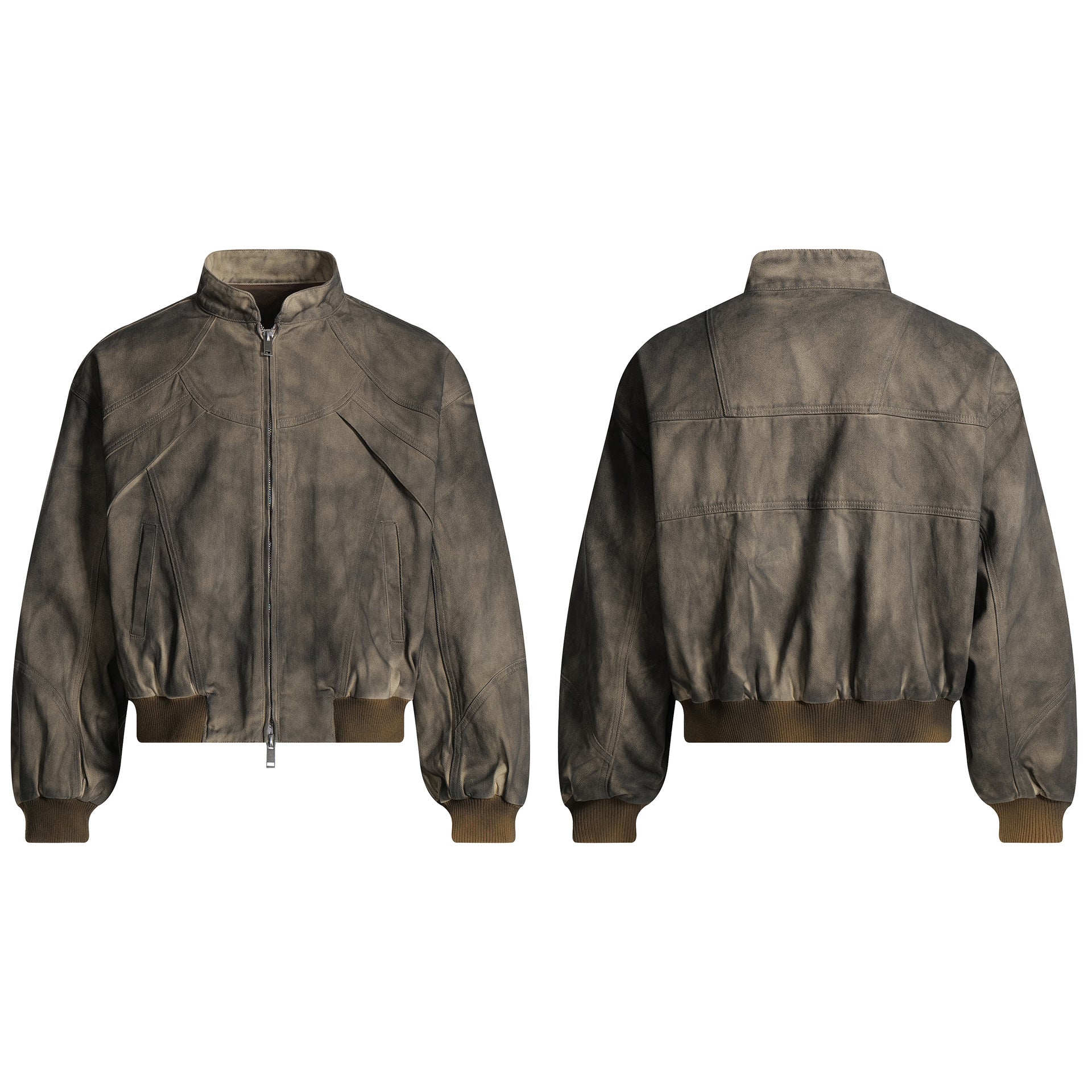Image of Chaqueta Harrington de algodón color caqui con efecto desgastado para hombre