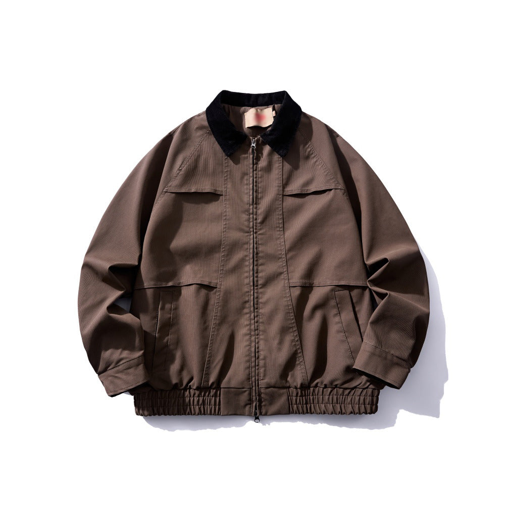 Contrast faux leather collar zip-up jacket