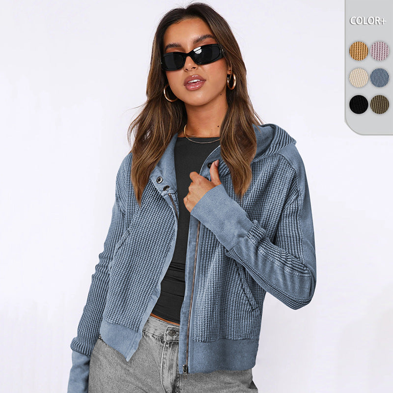 Women's colorblock waffle knit zip-up jacket