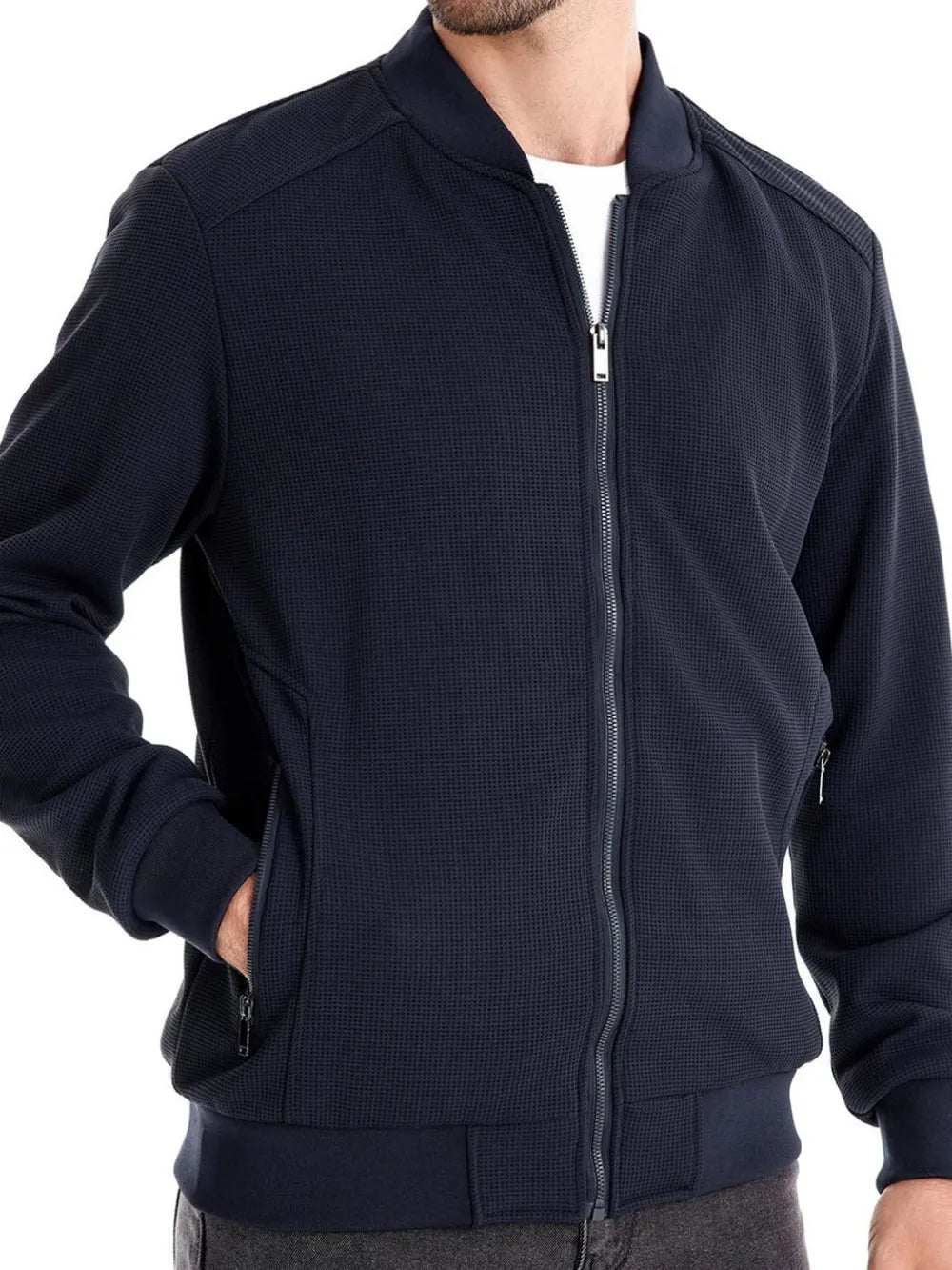 Men's waffle knit baseball collar zip-up jacket