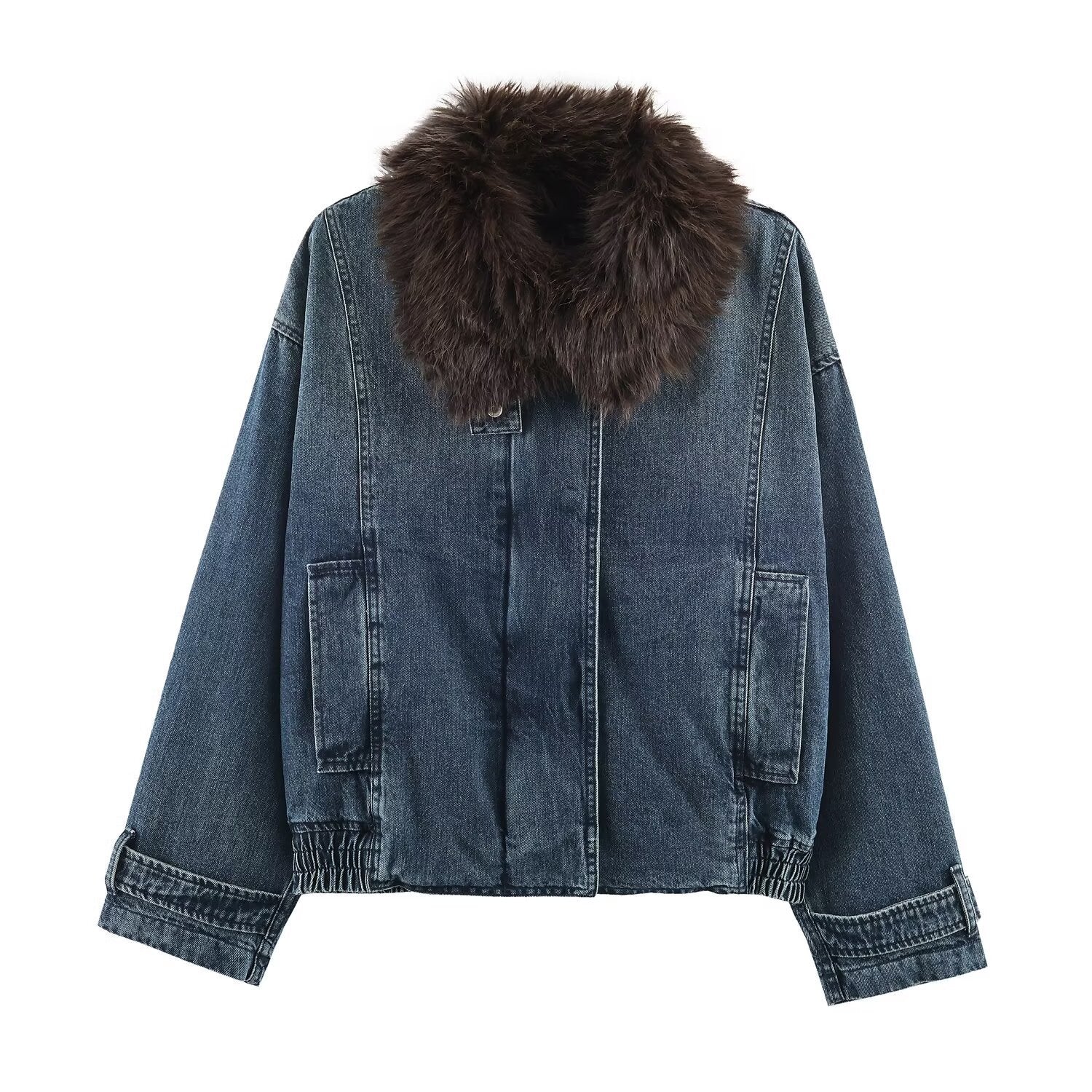 Image of Chaqueta tipo aviador de mezclilla azul con cremallera para mujer