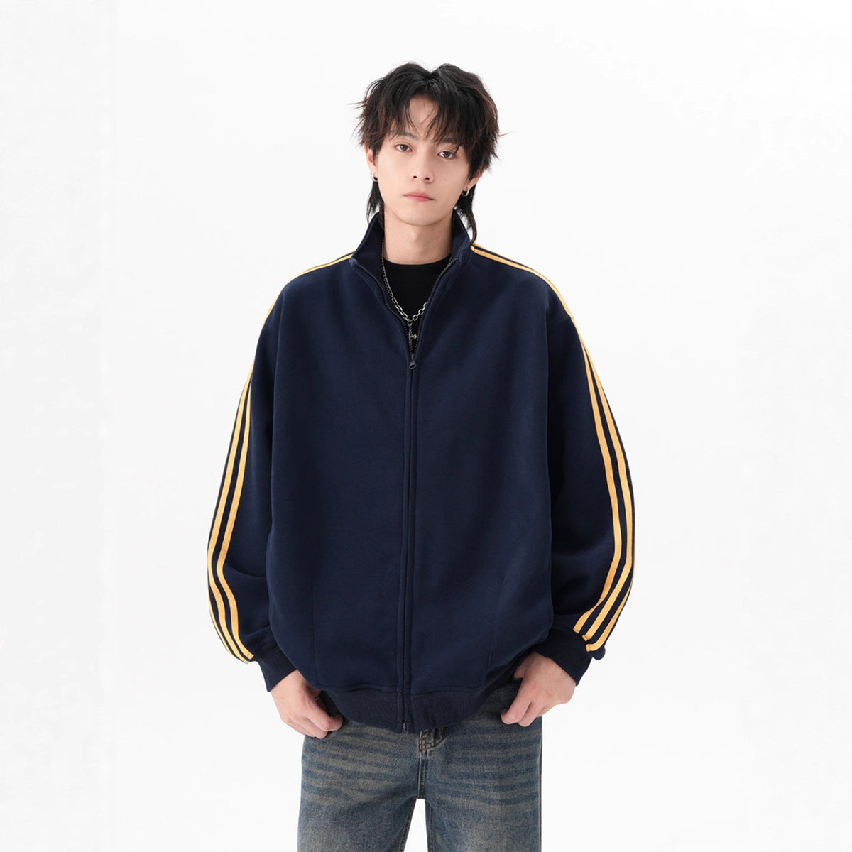 Men's three-stripe stand collar zip-up sweatshirt