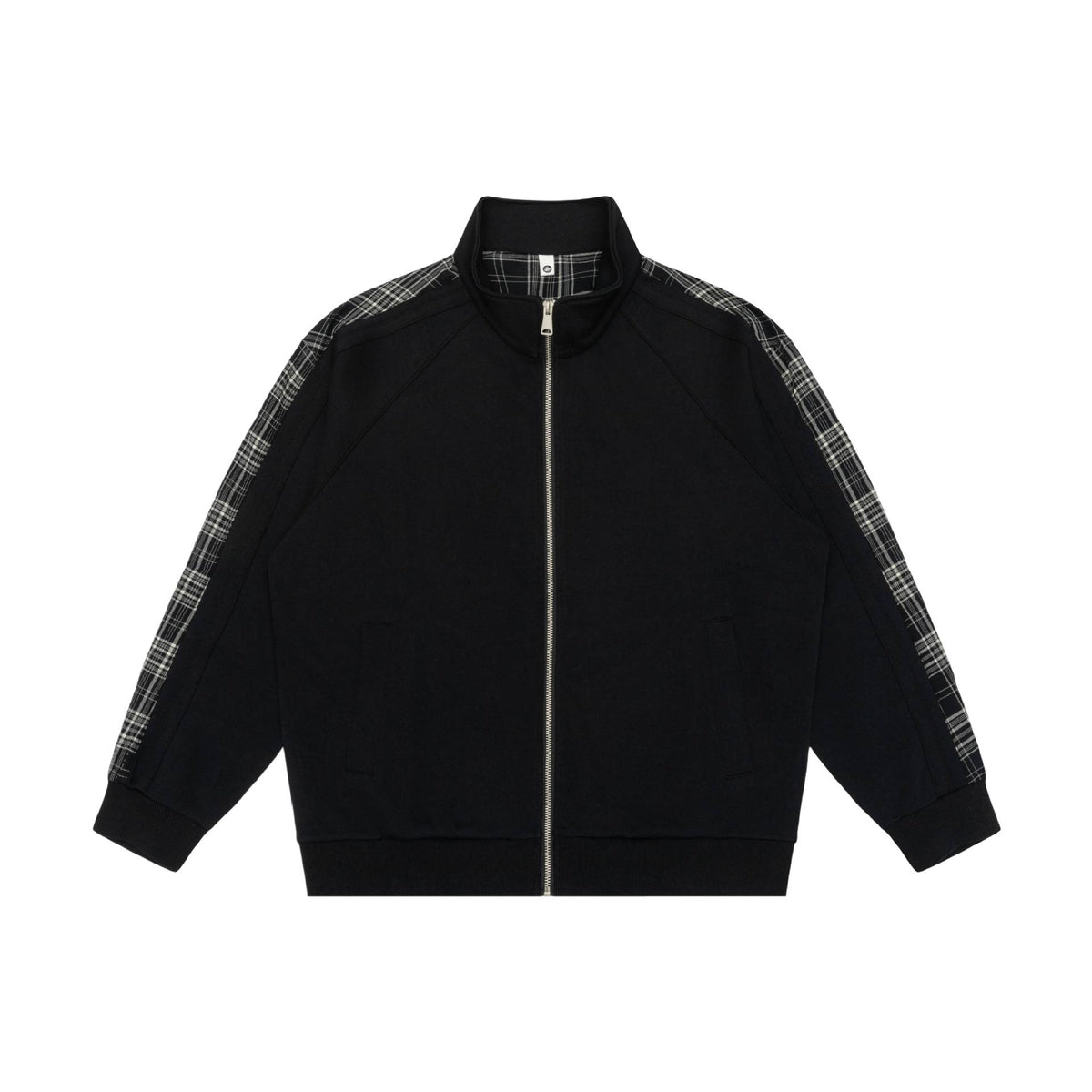 Sudadera con capucha y cremallera, cuello subido y diseño de retazos a cuadros