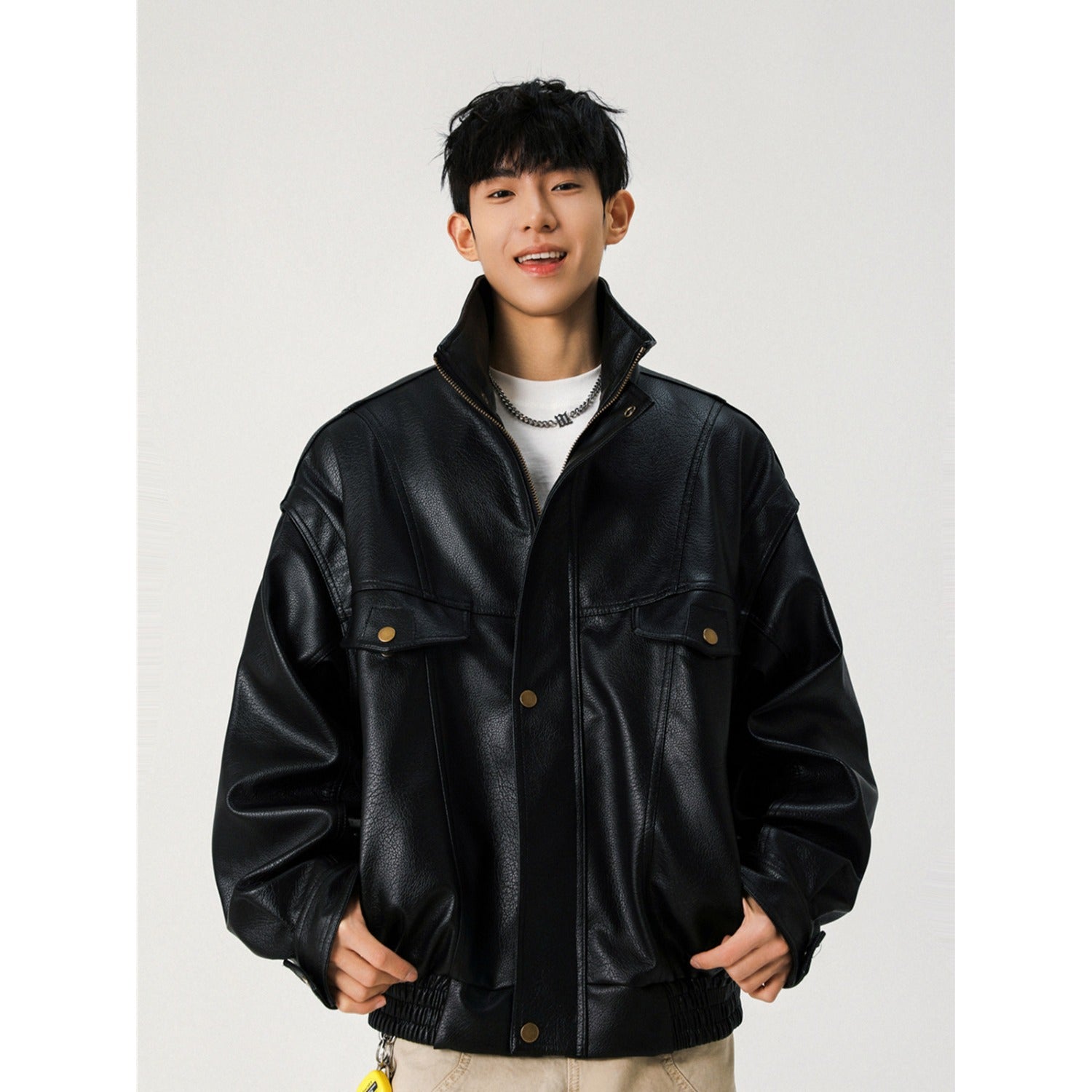 Image of Chaqueta motera de cuello mao para hombre, acolchada o sin acolchar