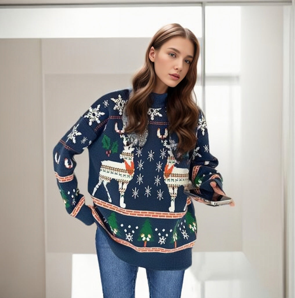 Jersey de punto navideño con estampado de renos dobles