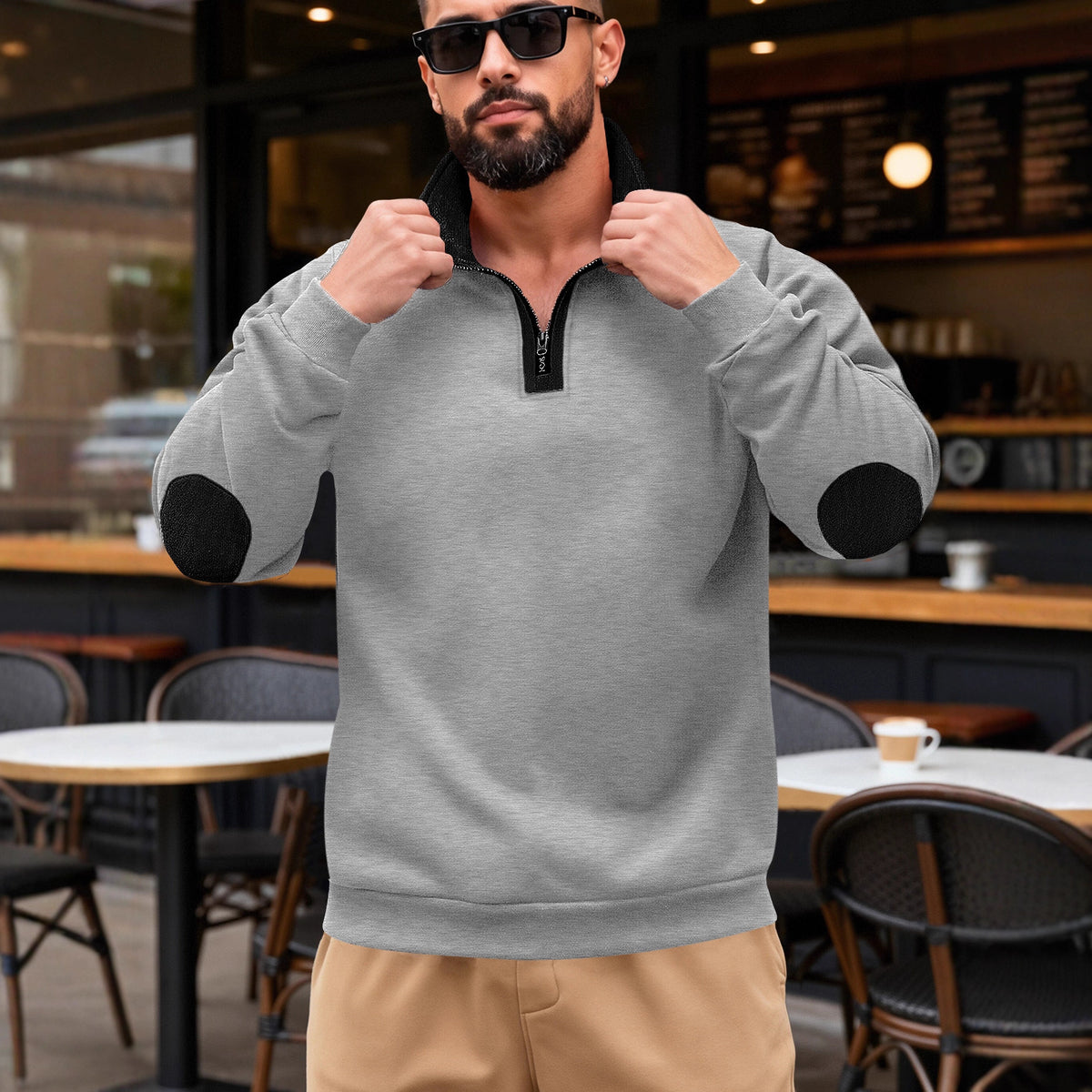 Loose fit stand collar polyester half-zip sweatshirt