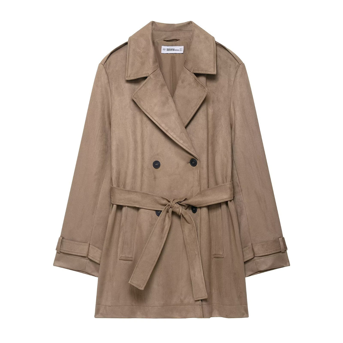 Trench coat cruzado de color camel con cuello cuadrado para mujer