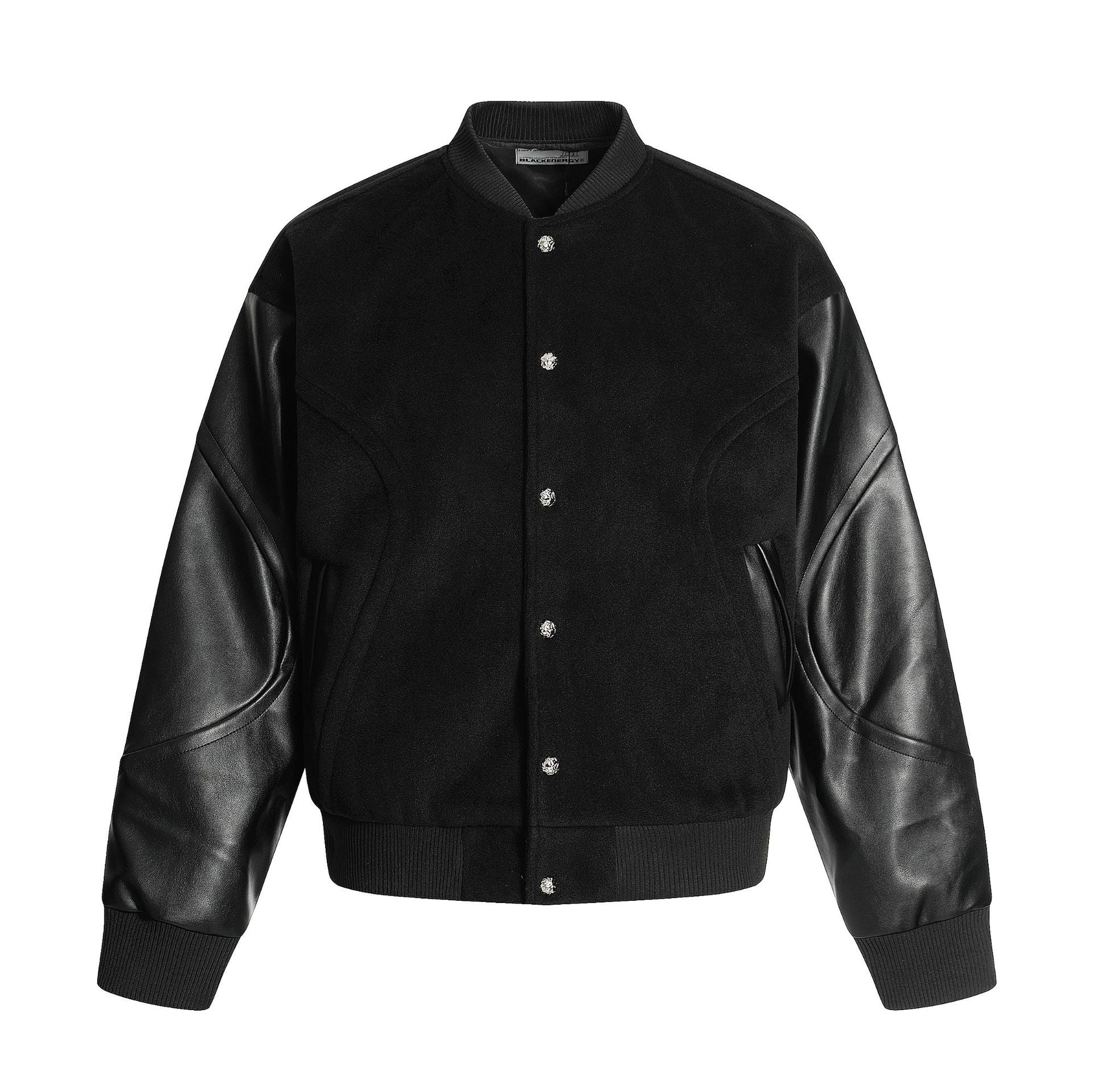 Image of Black relaxed fit button-front baseball jacket