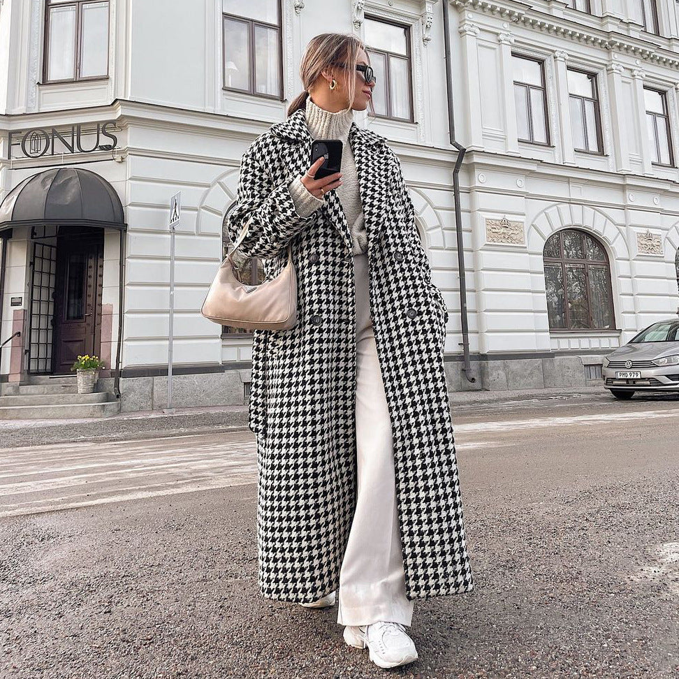 Women's black and white checkered trench coat