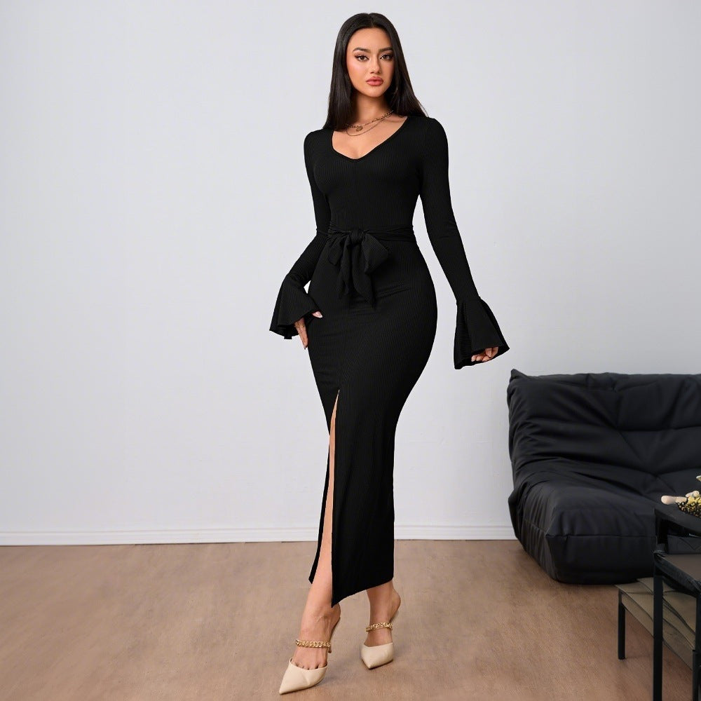 Women's Lace-Up V-Neck Maxi Dress