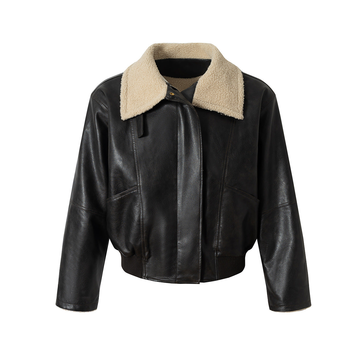 Image of Chaqueta negra de cuero sintético con cremallera y forro polar