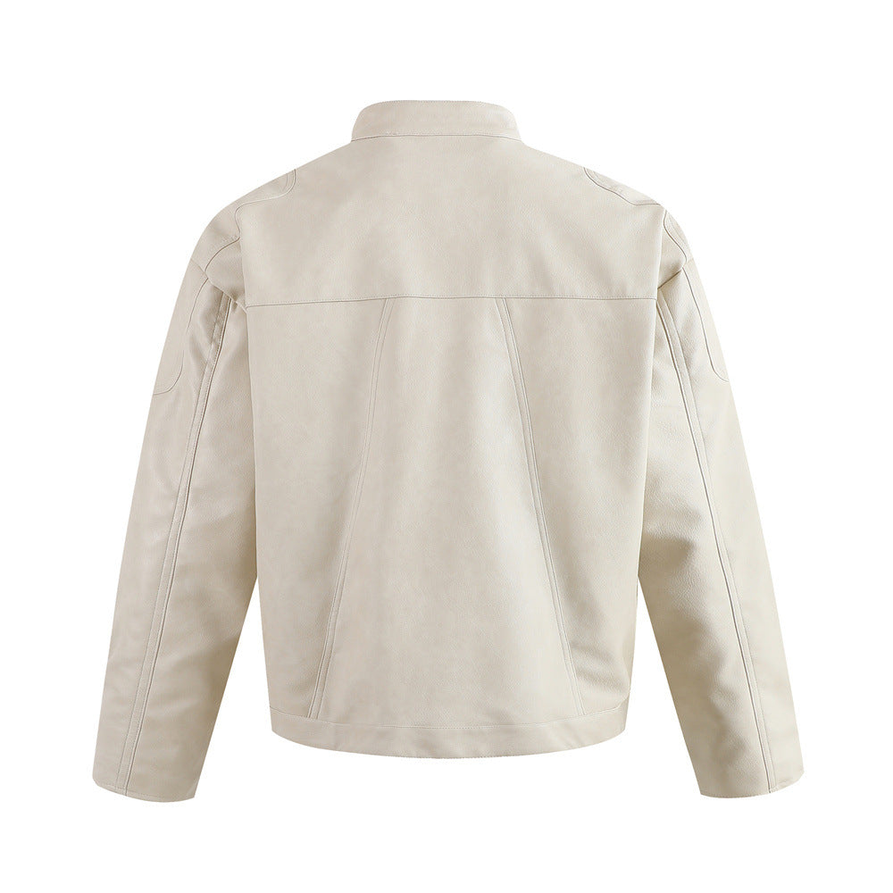 Image of Chaqueta de piel sintética con cuello mao y diseño bicolor