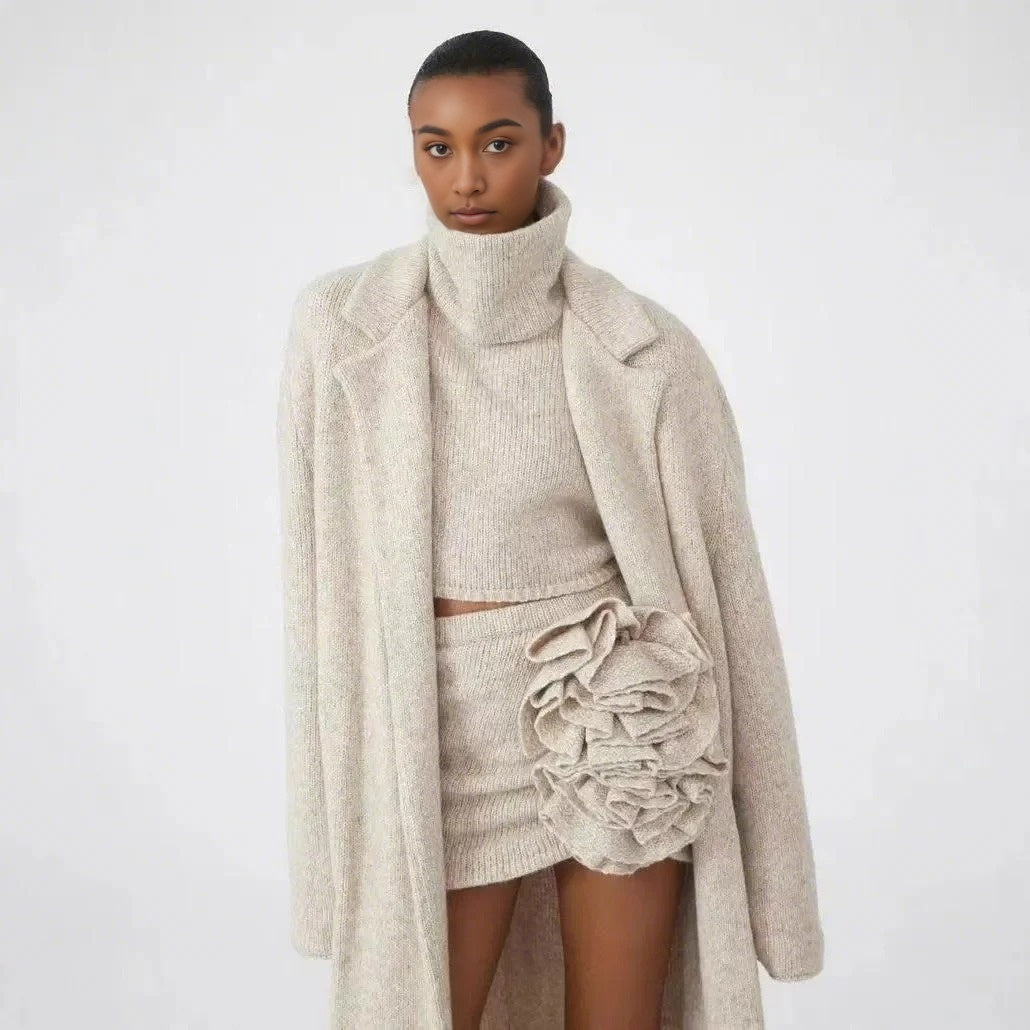 Women's three-piece turtleneck vest and skirt knit set