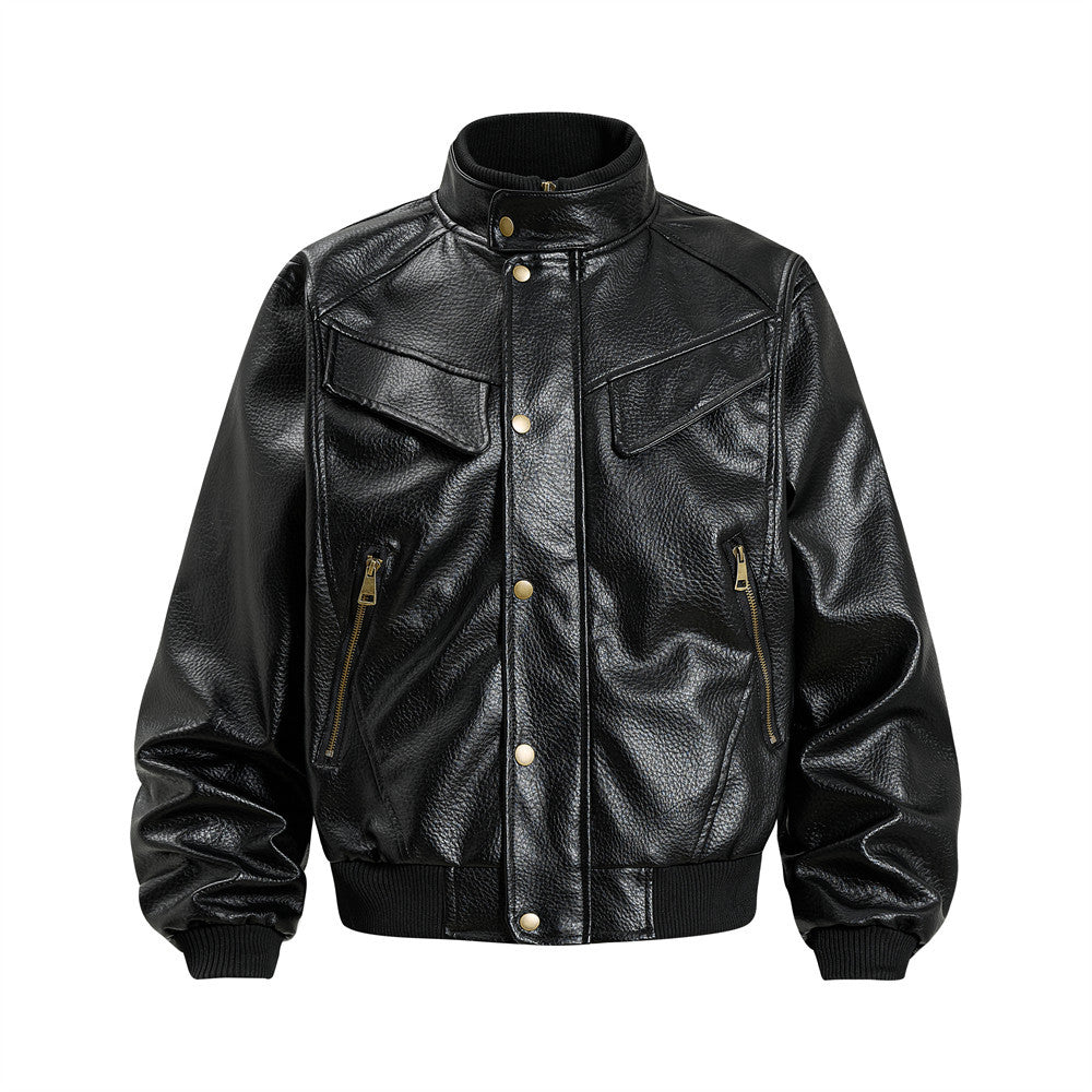 Image of Stand collar faux leather utility zip-up jacket