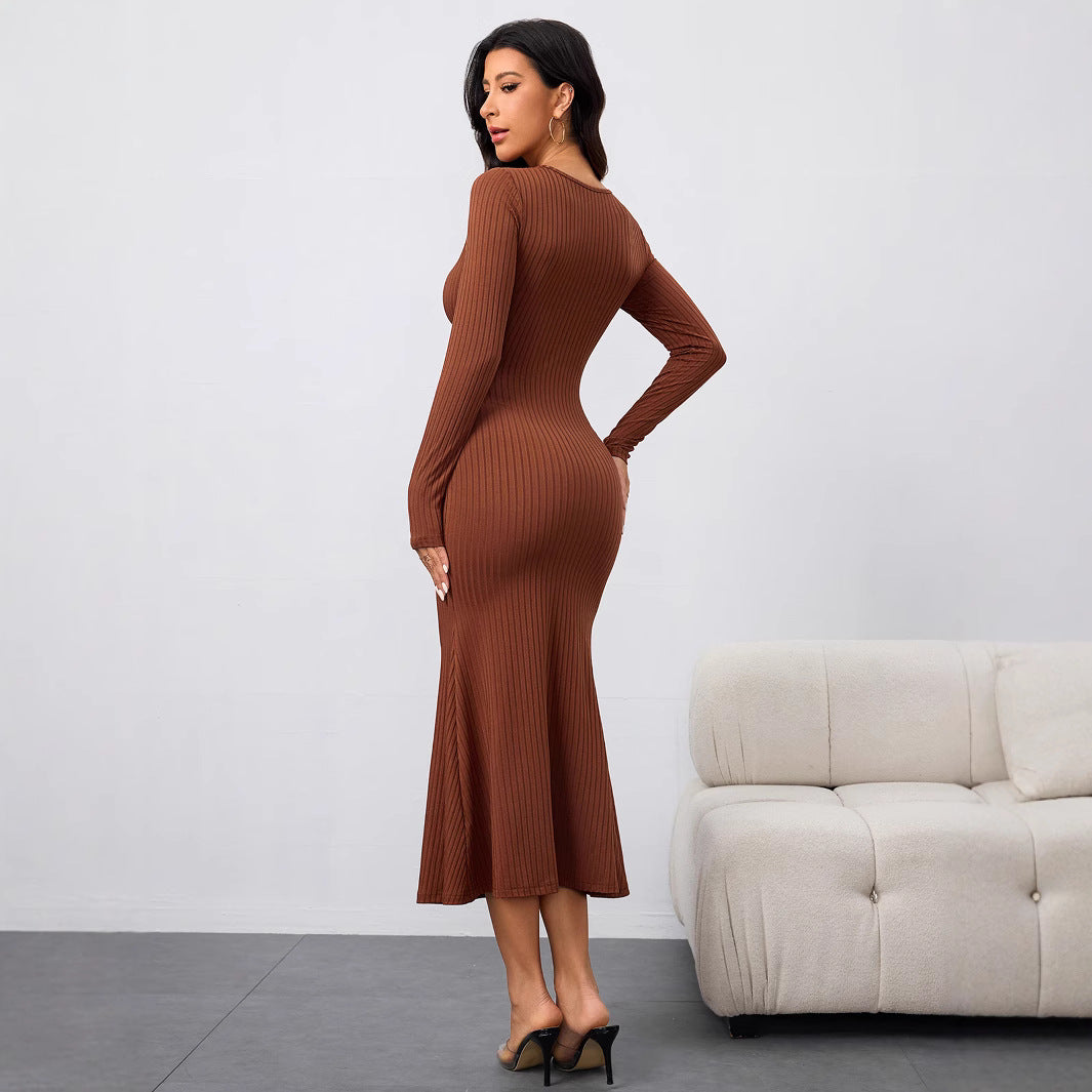 Image of Women's Brown Pleated Fishtail Maxi Dress