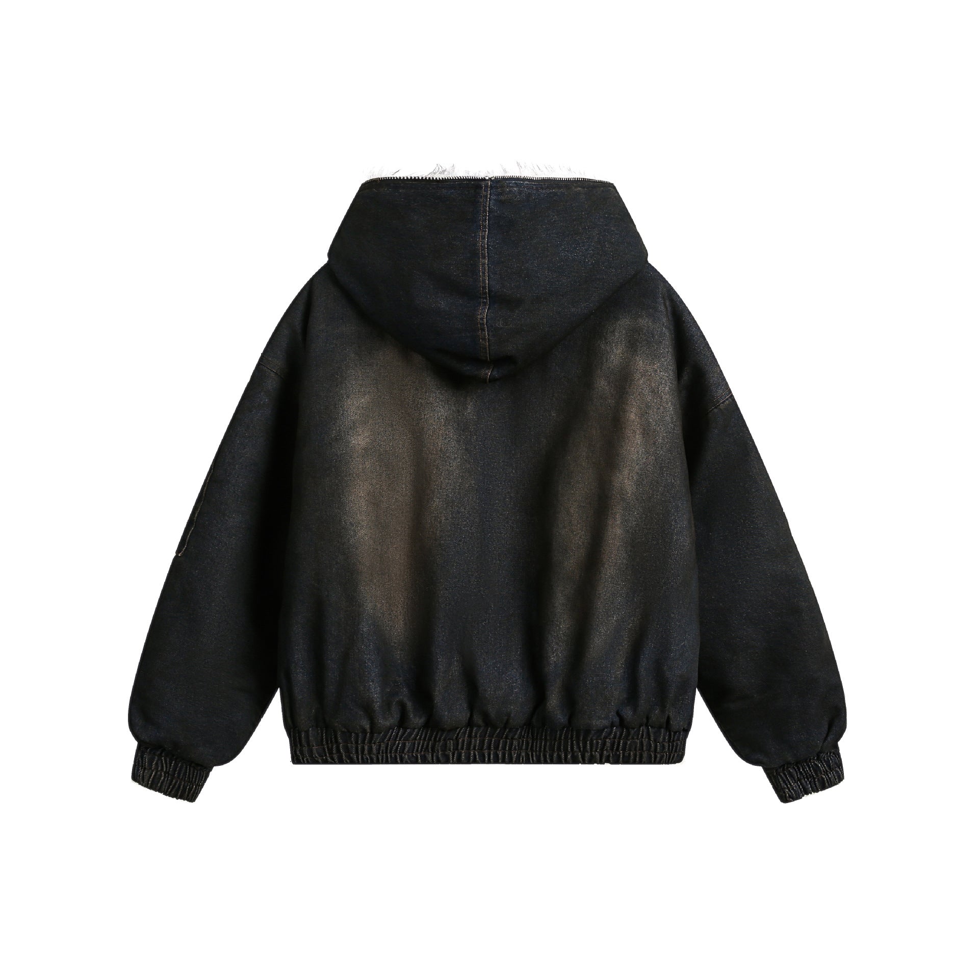 Image of Women's dark blue fur collar polyester zip-up jacket