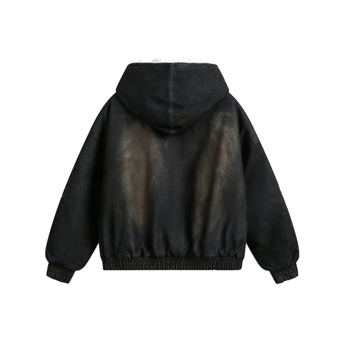 Women's dark blue fur collar polyester zip-up jacket
