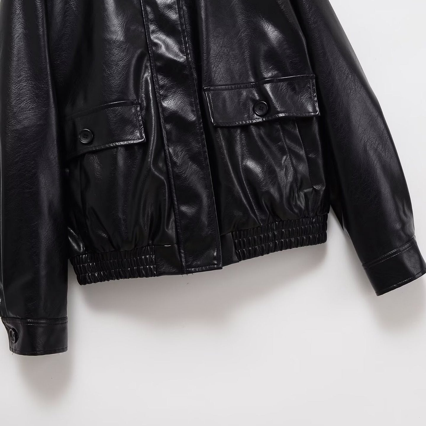 Image of Women's loose fit black faux leather biker jacket