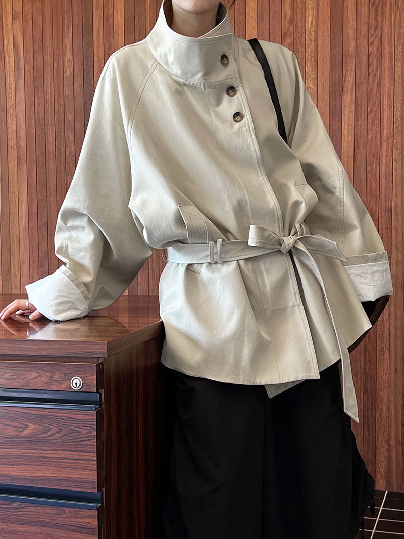 Image of Women's lace-up stand collar short trench coat