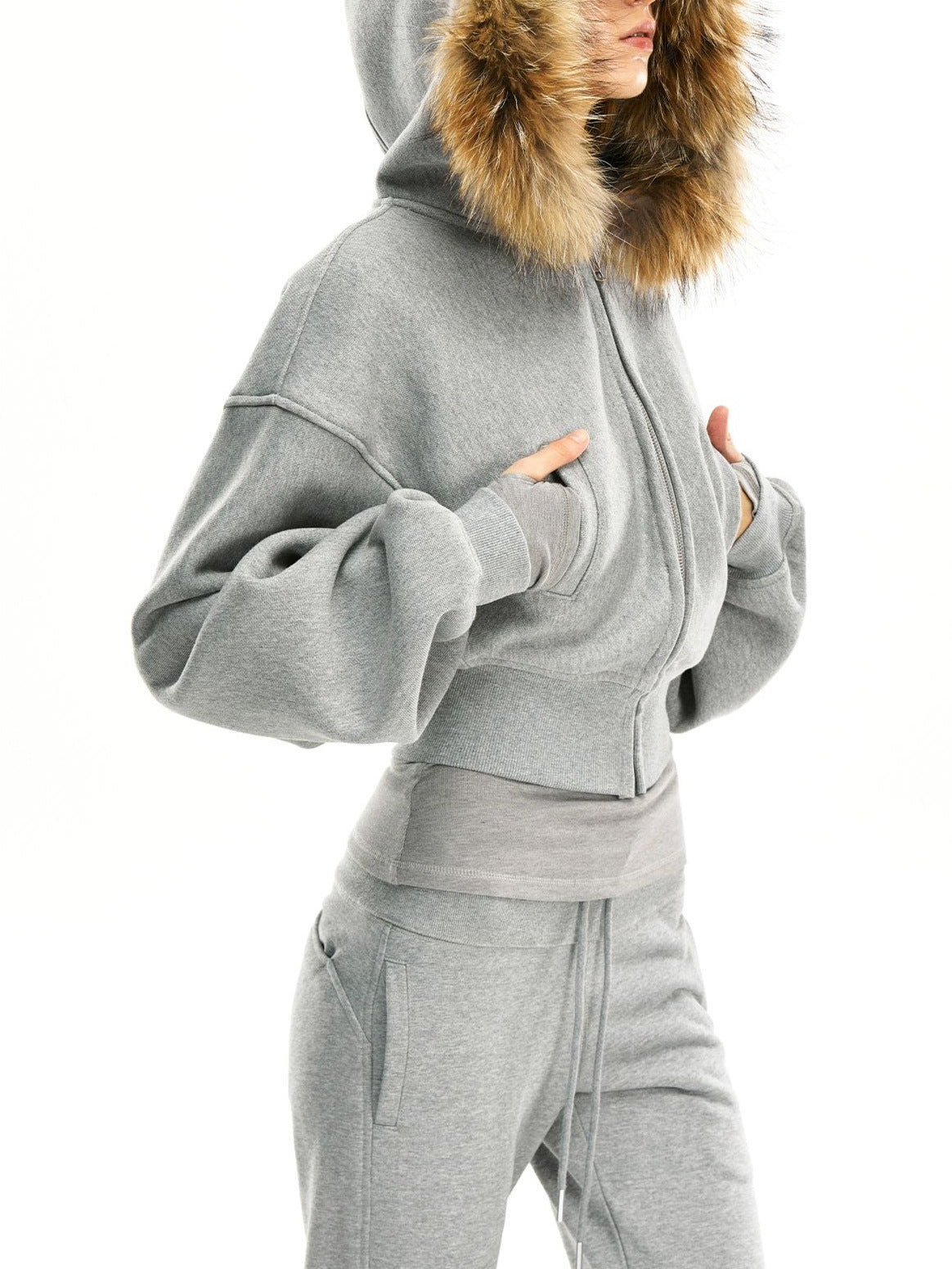 Image of Gray cotton zip-up hoodie