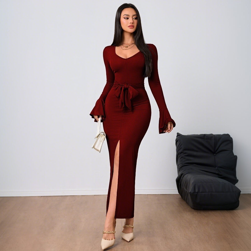 Image of Vestido largo con cuello en V y cordones para mujer