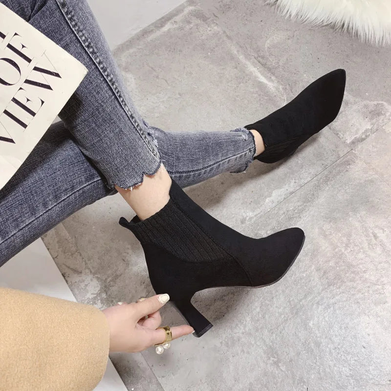 Image of Women's knitted pointed toe high heel ankle boots