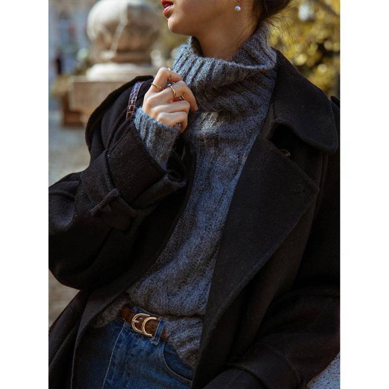 Image of Gray cable knit high neck pullover sweater