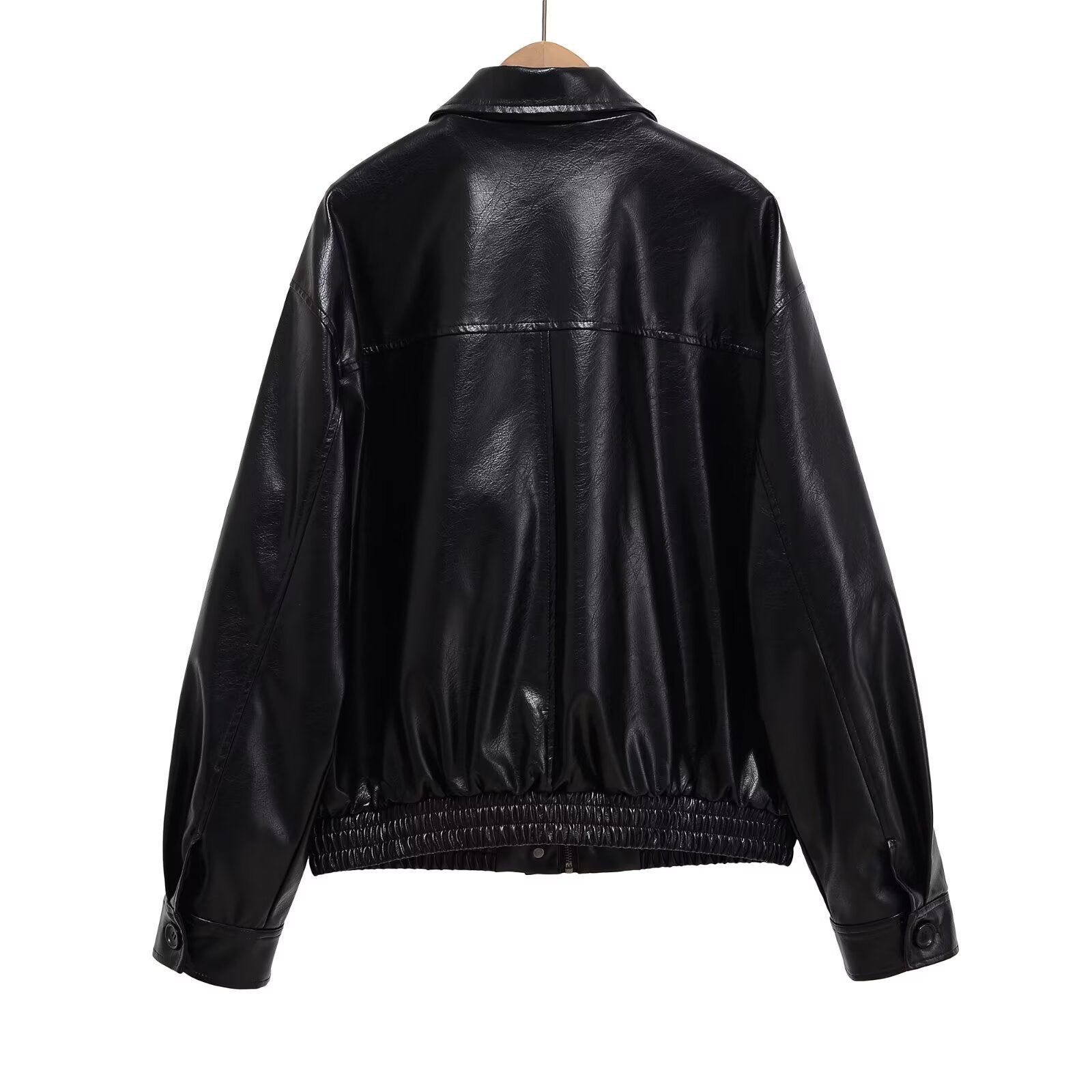 Image of Women's loose fit black faux leather biker jacket