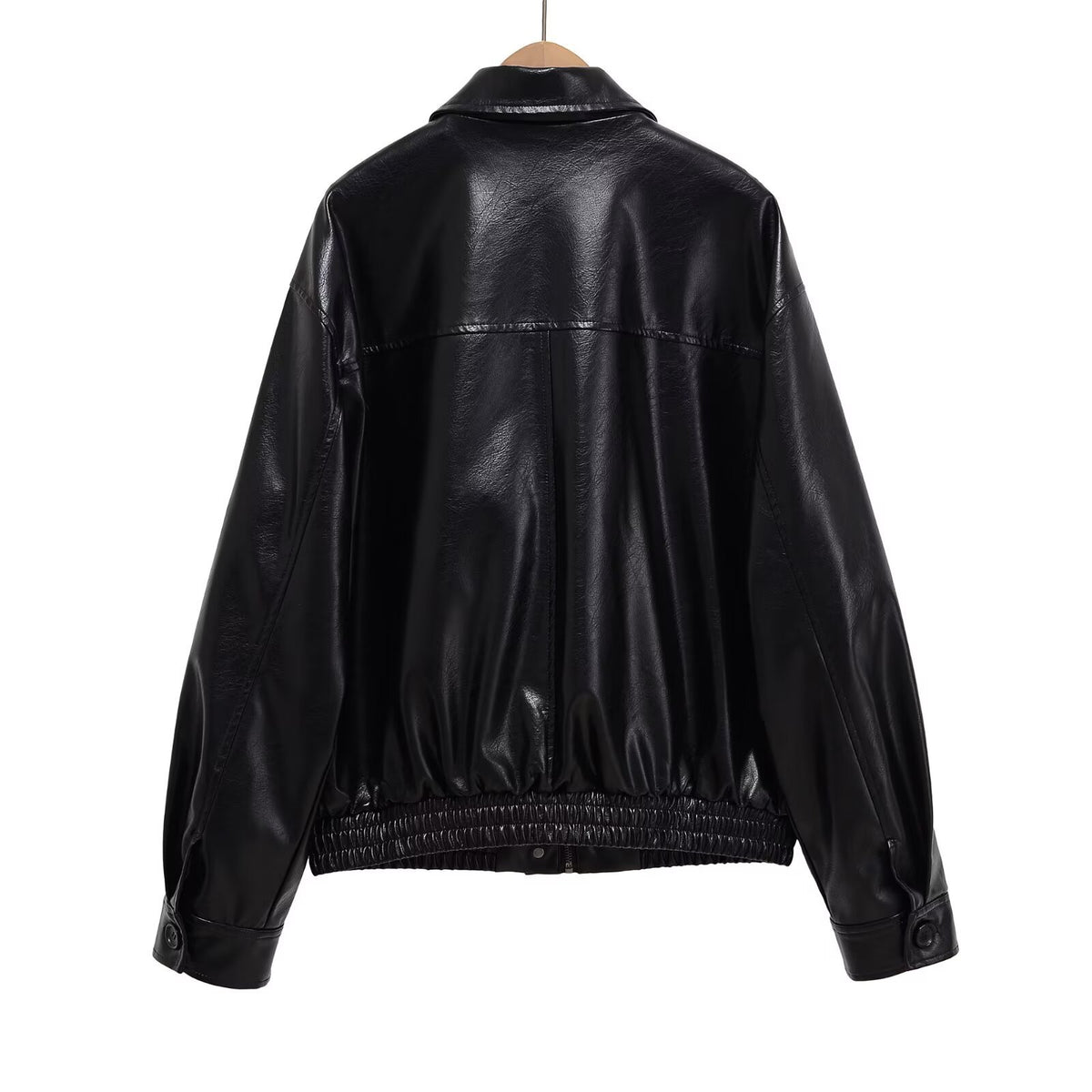 Women's loose fit black faux leather biker jacket
