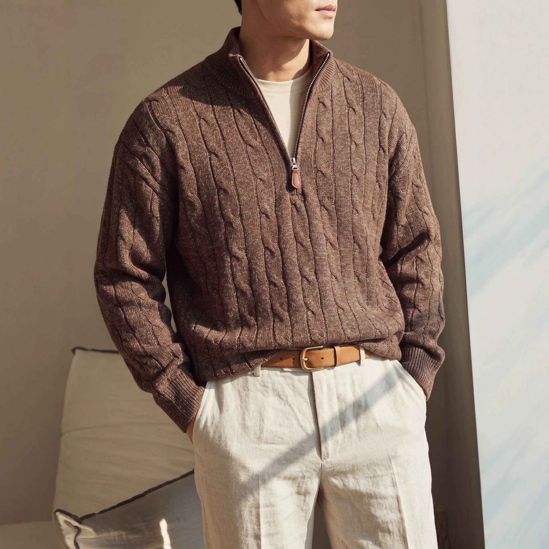 Image of Men's loose fit stand collar half-zip sweater