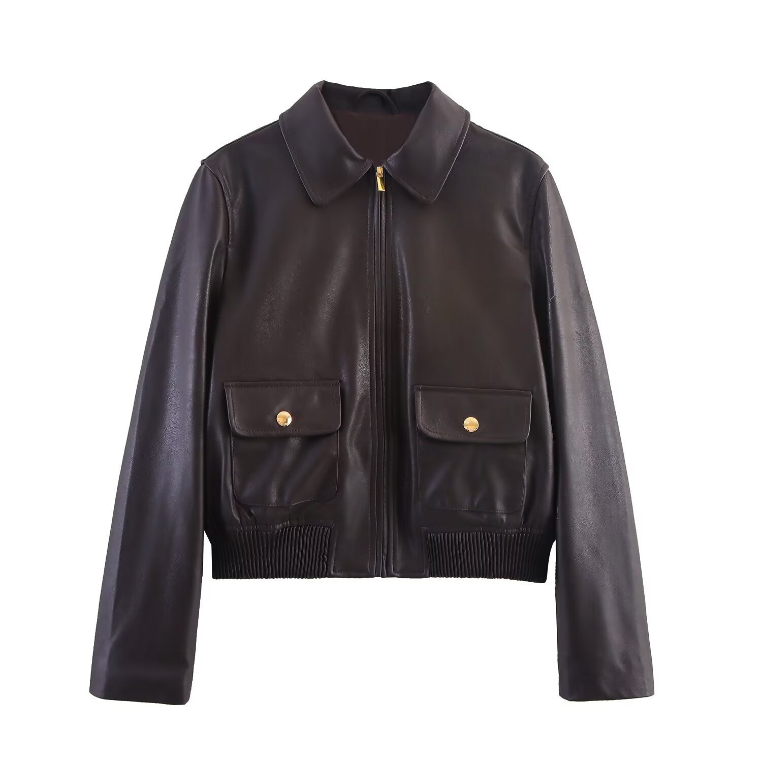 Image of Chaqueta marrón con cremallera y efecto piel