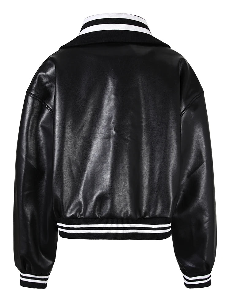 Image of Women's black striped faux leather jacket