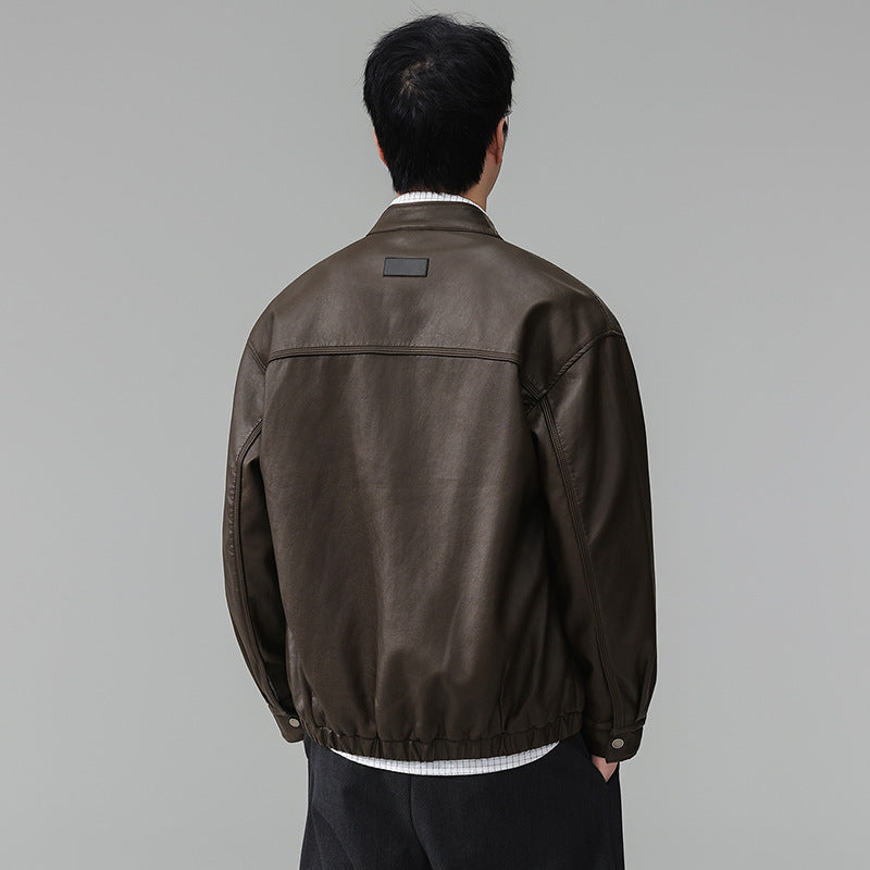 Image of Men's stand collar faux leather zip-up jacket