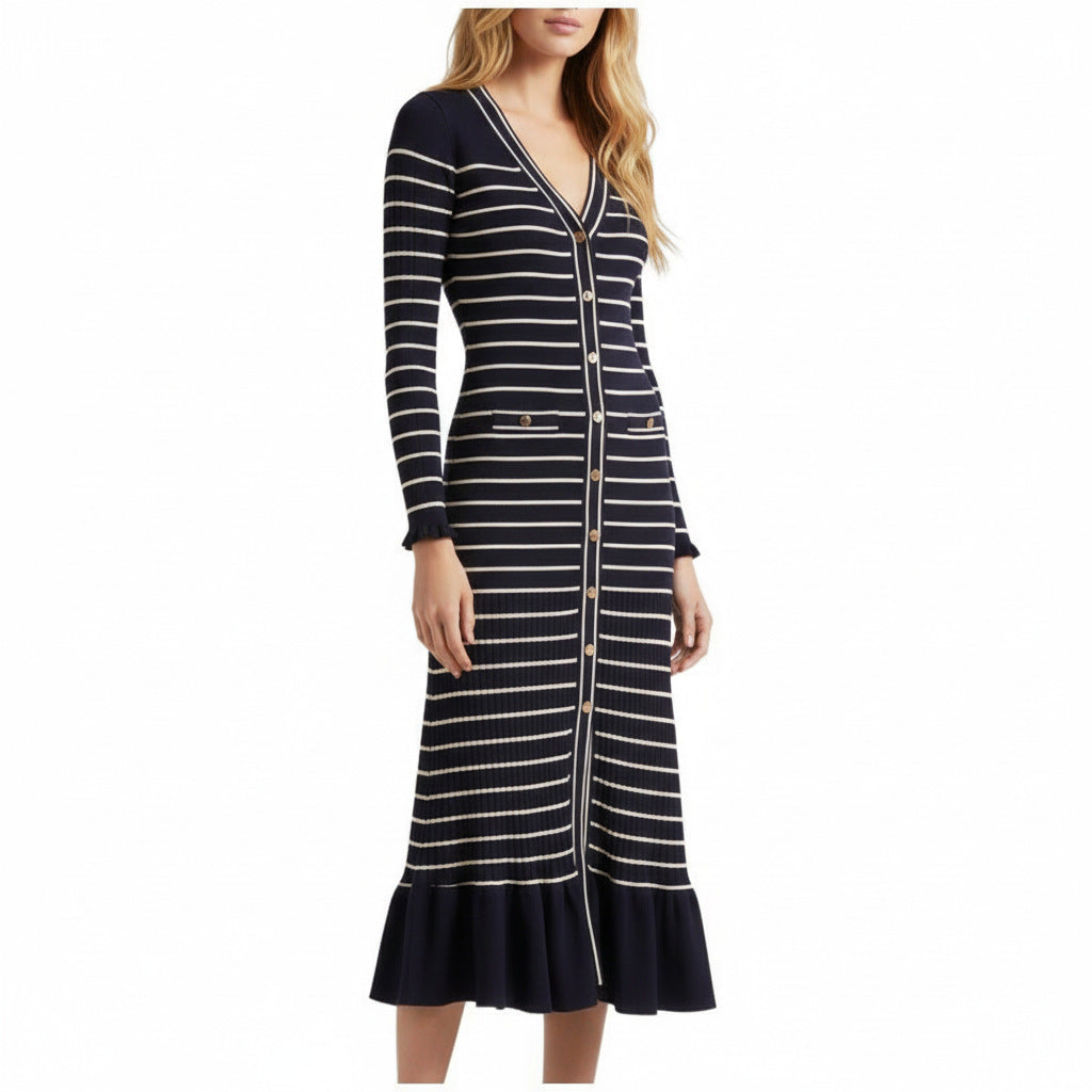 Image of Vestido largo de punto con cuello en V y rayas para mujer