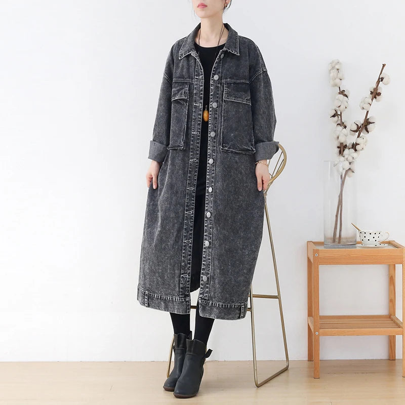 Image of Women's gray washed denim-look long trench coat