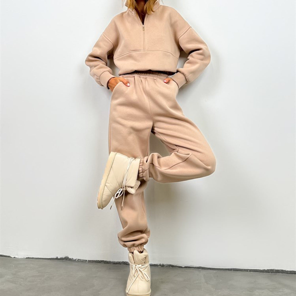 Conjunto de blusa de cuello redondo y pantalón de mezcla de algodón para mujer