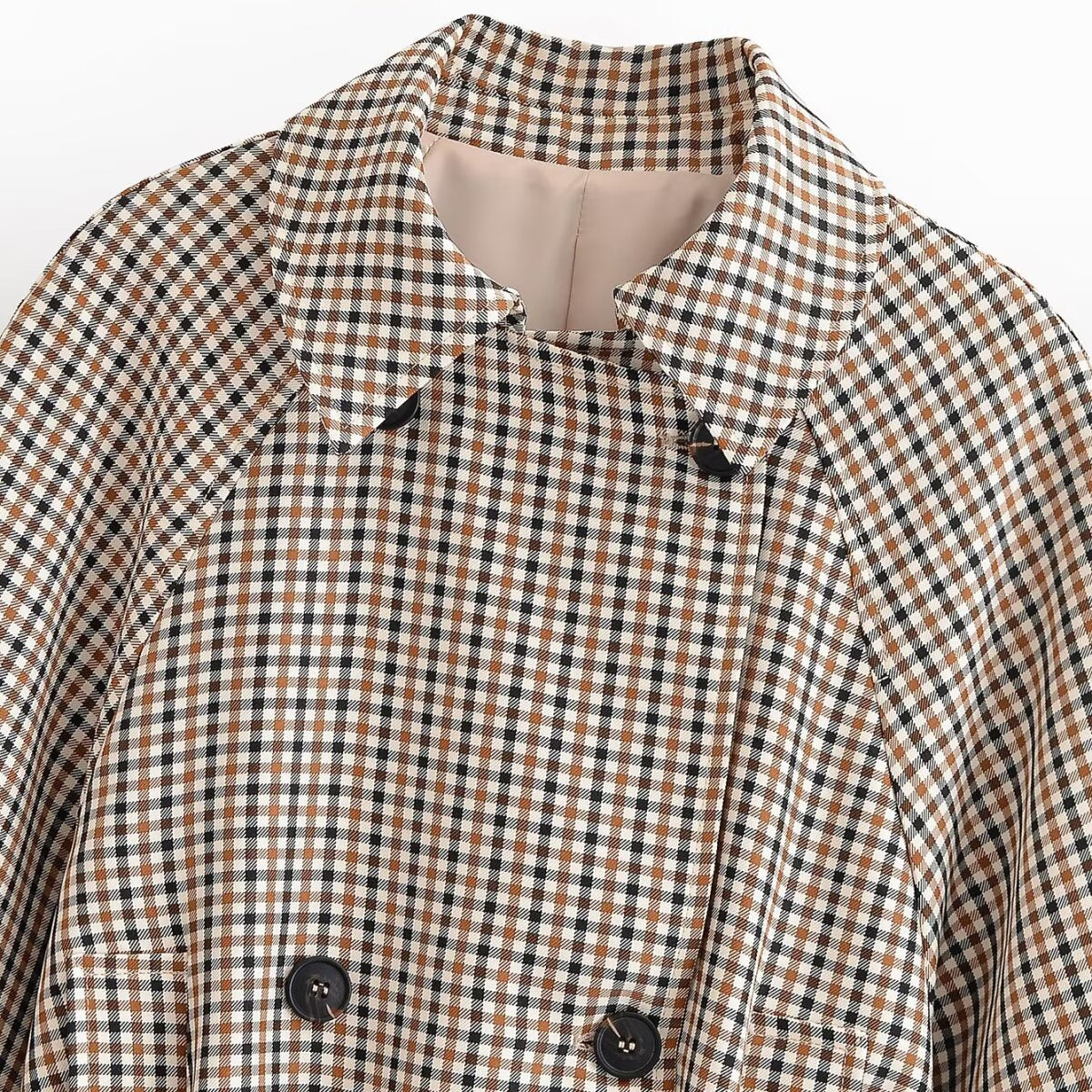 Image of Chaqueta corta estilo trench de cuadros con cordones para mujer