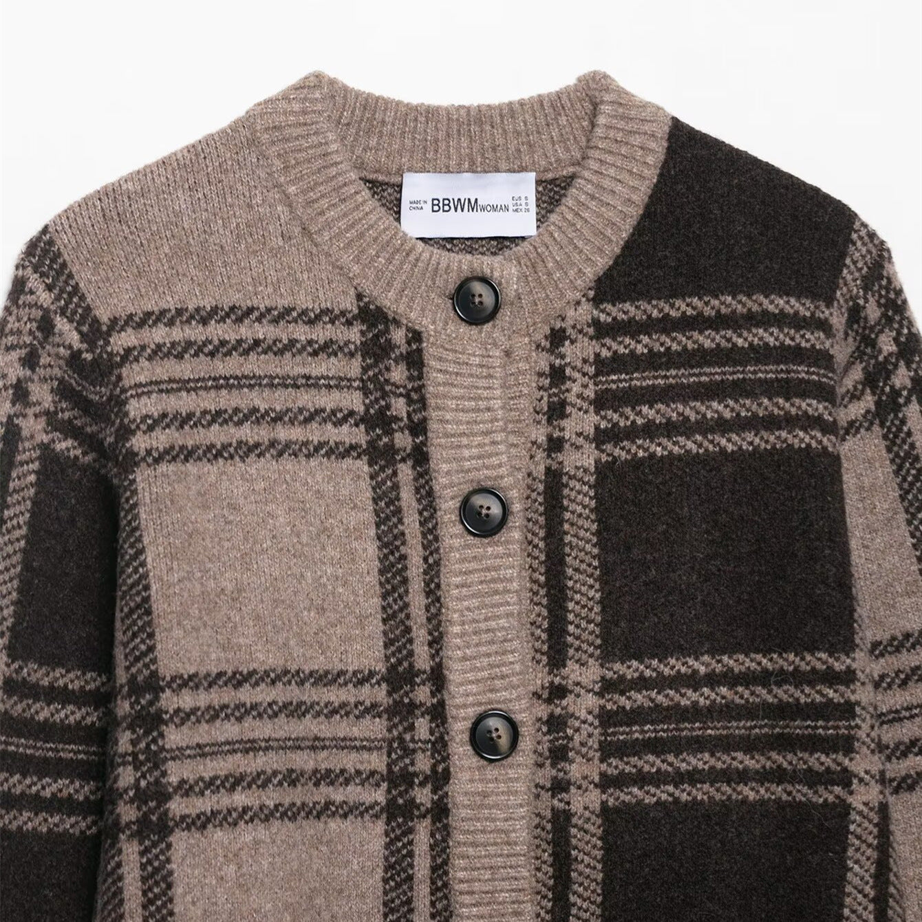 Image of Plaid round neck button-front knit cardigan