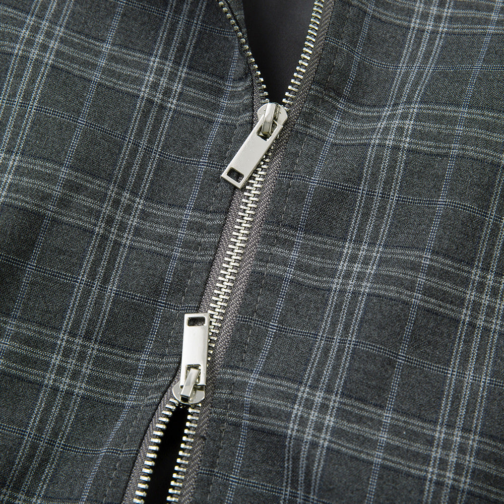 Image of Chaqueta gris de cuadros con cuello alto y cremallera para hombre