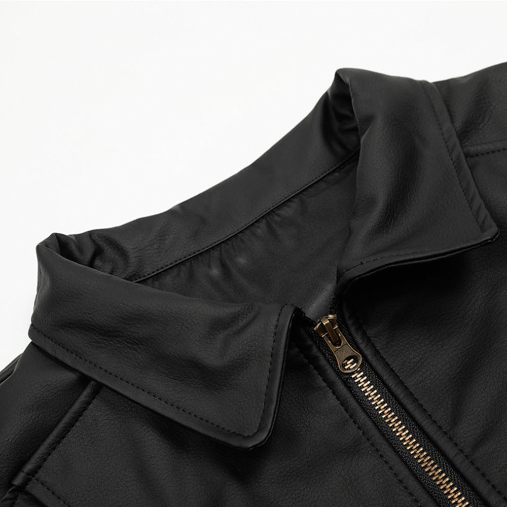 Black mid-length faux leather zip-up jacket