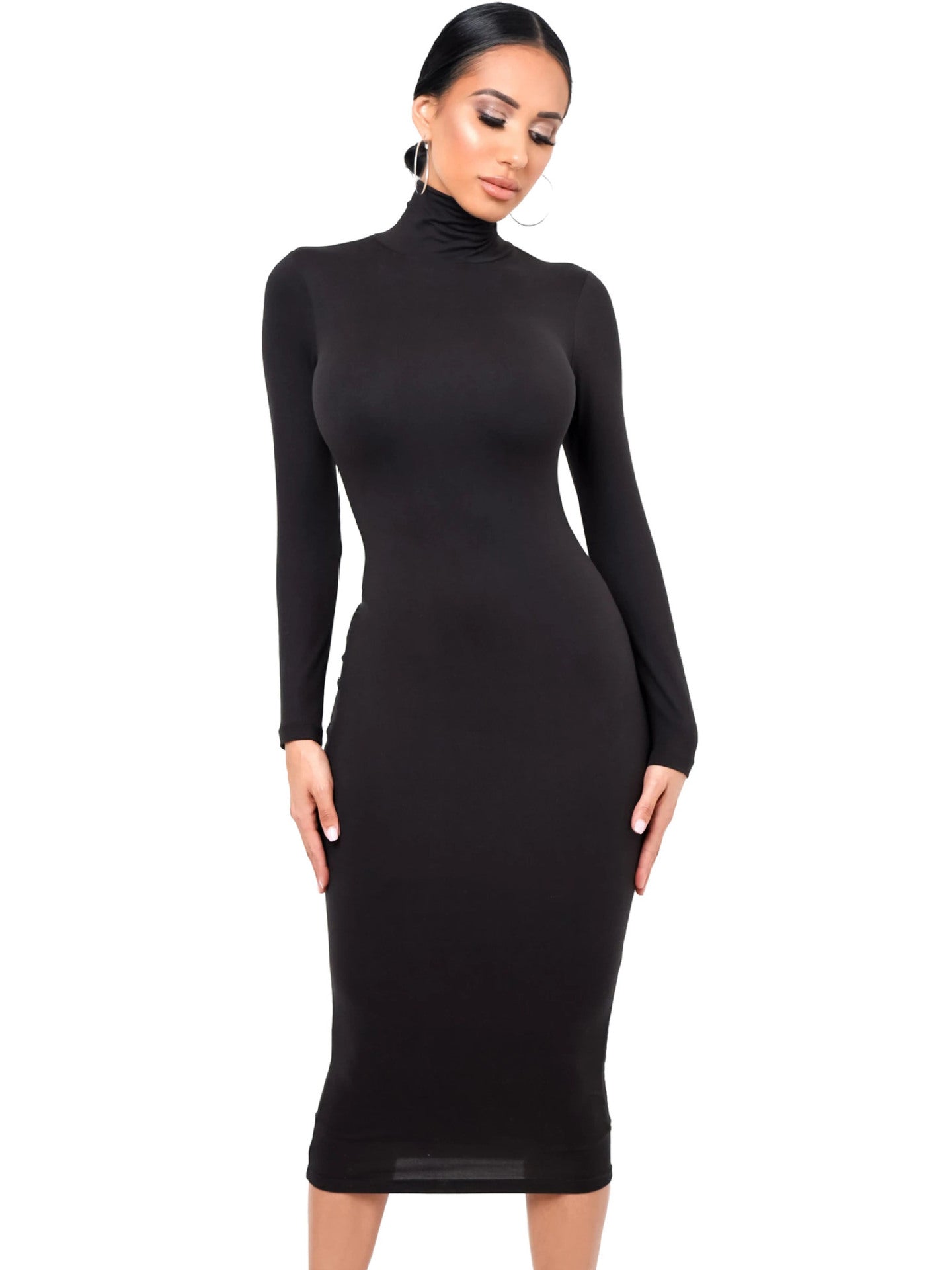 Image of Vestido midi entallado de cuello redondo para mujer