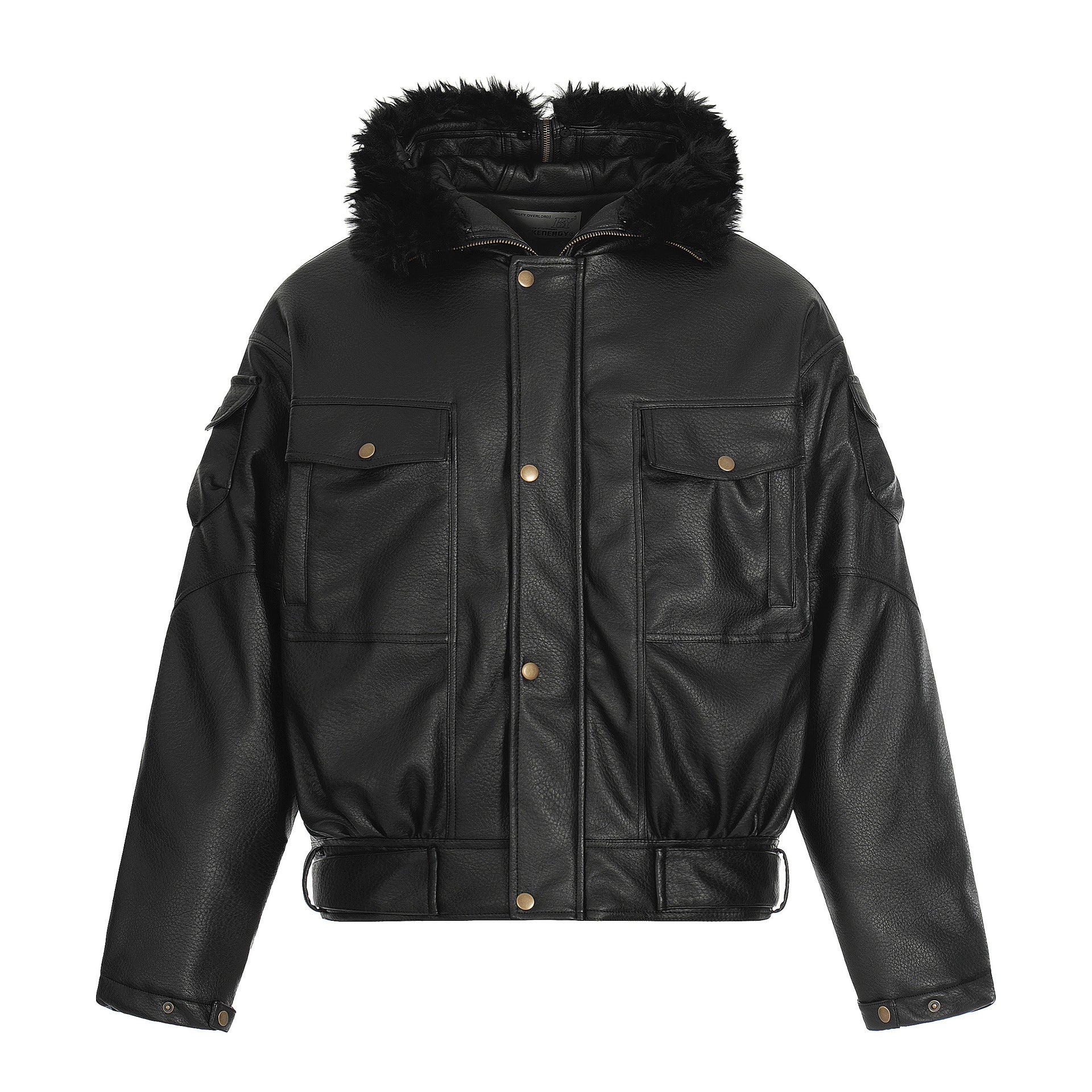 Image of Hooded padded faux leather zip-up jacket